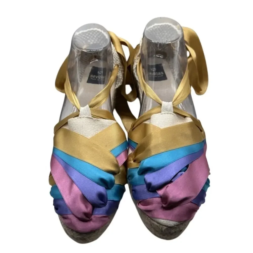 Sevillas Women Multicolored Ribbon Wedge Espadrille Sandals Gold Ties Size 42